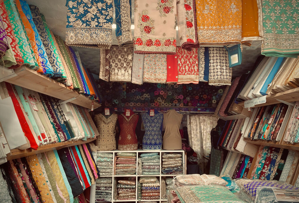 Inside fabric shop, room which used to be a living room
